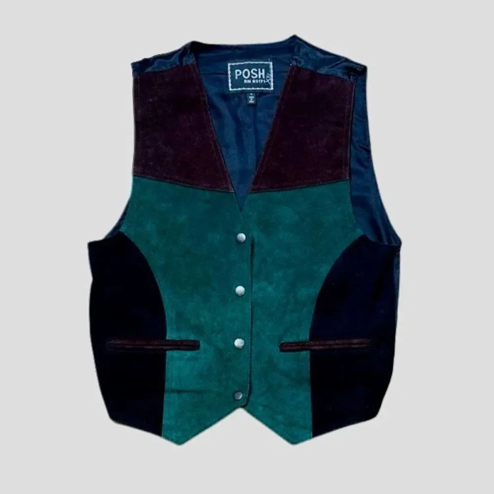 70s Vintage Posh Suede Leather Vest Green Brown Black Medium